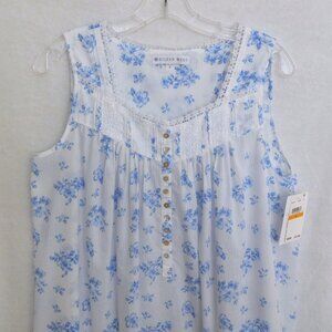 NWT Eileen West Long Nightgown S Sleeveless Gown White Blue Floral Lace